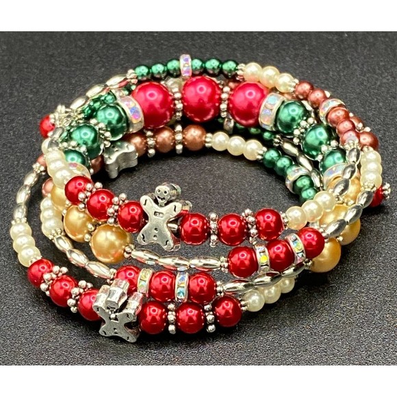 Faux Pearl & Gingerbread Man Multistrand Memory Wire Bracelet by Neanie-Bot - Picture 3 of 5